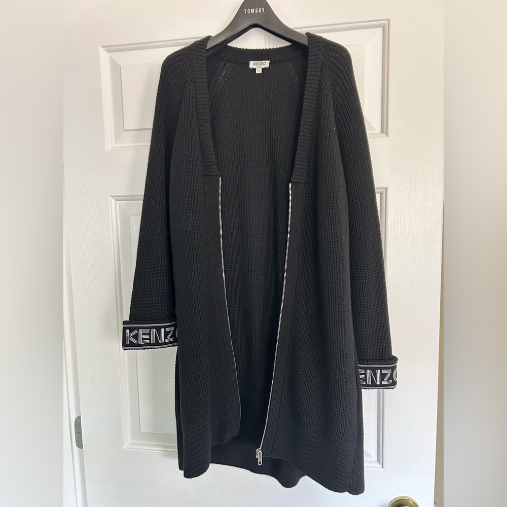 Kenzo Black Open Front Long Sweater with zipper and two pockets
